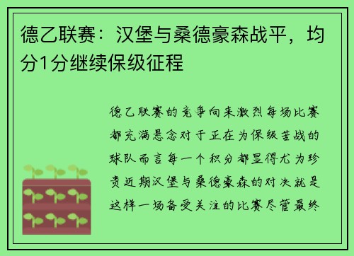 德乙联赛：汉堡与桑德豪森战平，均分1分继续保级征程