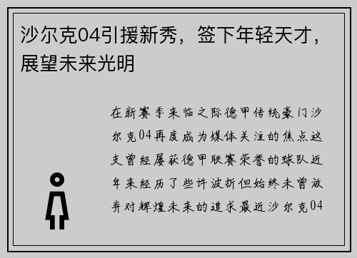 沙尔克04引援新秀，签下年轻天才，展望未来光明