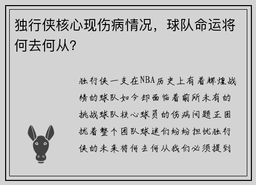 独行侠核心现伤病情况，球队命运将何去何从？