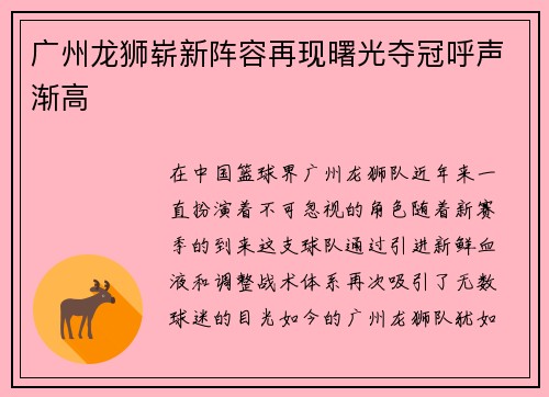 广州龙狮崭新阵容再现曙光夺冠呼声渐高