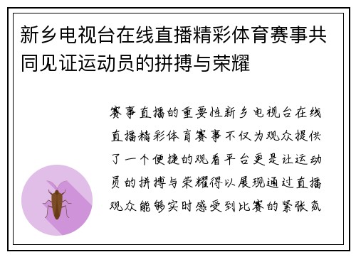 新乡电视台在线直播精彩体育赛事共同见证运动员的拼搏与荣耀