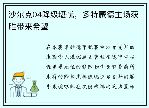 沙尔克04降级堪忧，多特蒙德主场获胜带来希望